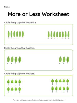 Free Printable Green Leaves Counting More or Less Worksheet