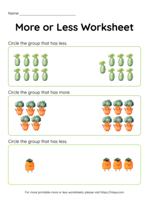 Free Printable Cute Vegetable Counting More or Less Worksheet