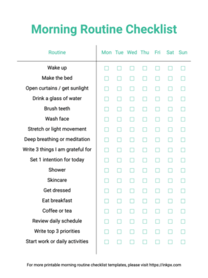 Free Printable Colored Minimalist Weekly Morning Routine Checklist