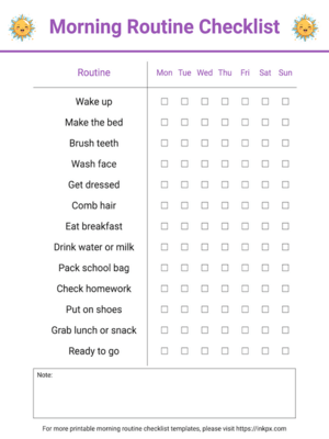 Free Printable Colorful Minimalist Weekly Morning Routine Checklist for Kids