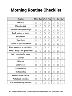 Free Printable Simple Weekly Morning Routine Checklist
