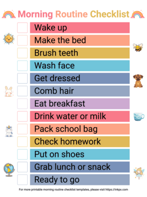 Free Printable Colorful Daily Morning Routine Checklist for Kids