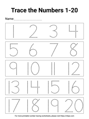 Free Printable Simple 1-20 Number Tracing Worksheet