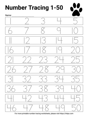 Free Printable Simple 1-50 Number Tracing Worksheet