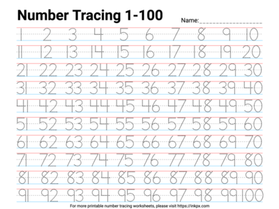 Printable Red and Blue 1-100 Number Tracing Worksheet