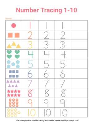 Printable Colorful 1-10 Number Tracing Worksheet
