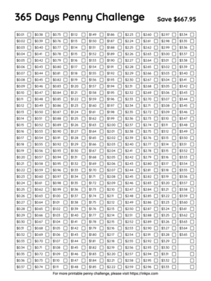 Free Printable Simple 365 Days Penny Challenge Template