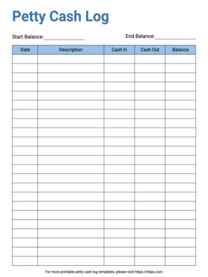 Free Printable Blue Color Petty Cash Log Template
