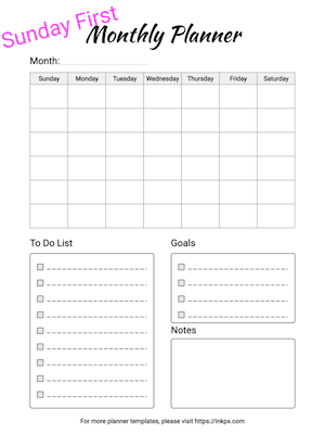 Free Printable Minimalist Style Montyly Planner Template (Sunday First)