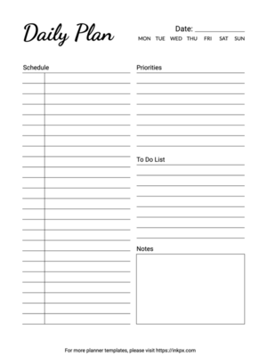 Printable Blank Line Style  Daily Planner without Time Label