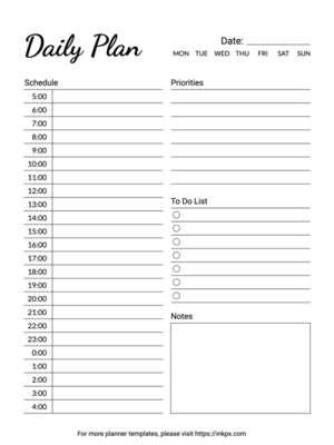Printable 24 Hours Daily Planner(Line Style, Start from 5:00)