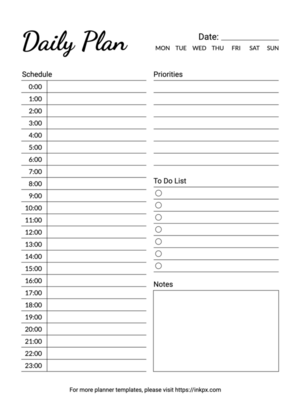 Printable 24 Hours Daily Planner(Line Style, Start from 0:00)