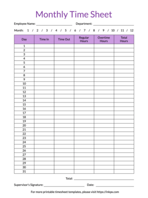 Printable Colored Monthly Time Sheet Template