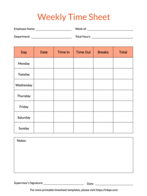 Printable Colored Weekly Time Sheet Template