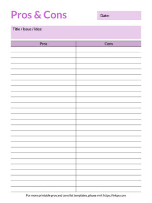 Free Printable Minimalist Borderless Colored Lined Pros and Cons Template