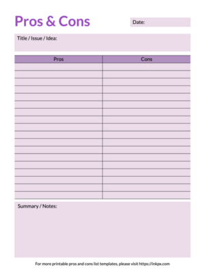 Free Printable Simple Borderless Colored Lined Pros and Cons Template