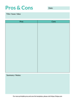 Free Printable Simple Colored Pros and Cons Template