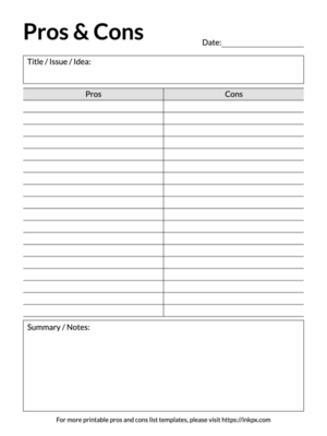 Free Printable Simple Borderless Lined Pros and Cons Template