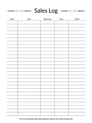 Printable Simple Open Border Style Sales Log Template with Fees