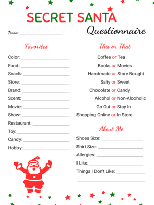 Free Printable Clean Style Secret Santa Questionnaire Template