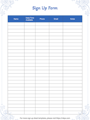 Free Printable Bordered Blank Sign Up Sheet Template