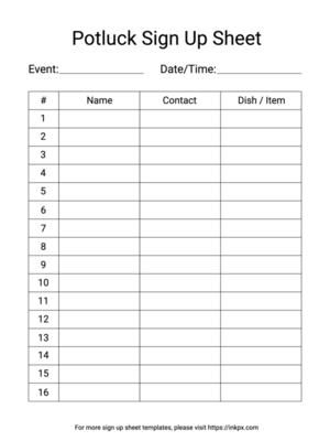 Free Printable Clean Style Potluck Sign Up Sheet Template