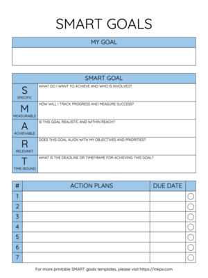 Free Printable Blue Color SMART Goal Template with Planner