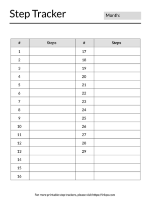 Printable 29 Days Monthly Step Tracker