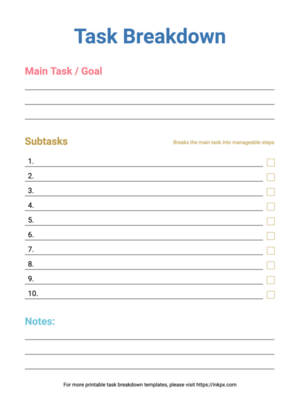 Free Printable Colorful Line Style Task Breakdown Templates