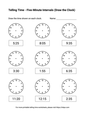 Free Printable Five-Minute Intervals (Draw the Clock) Telling Time Worksheets #4