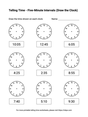 Free Printable Five-Minute Intervals (Draw the Clock) Telling Time Worksheets #3