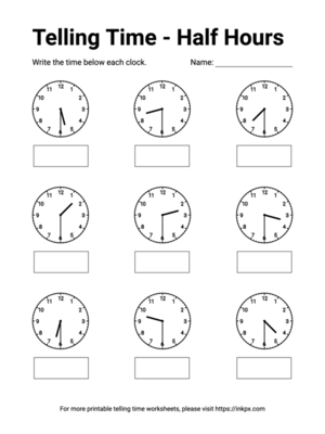 Free Printable Half Hours Telling Time Worksheet #4