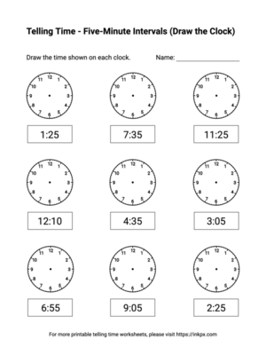 Free Printable Five-Minute Intervals (Draw the Clock) Telling Time Worksheets #1