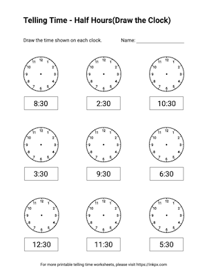 Free Printable Half Hours(Draw the Clock) Telling Time Worksheets #2