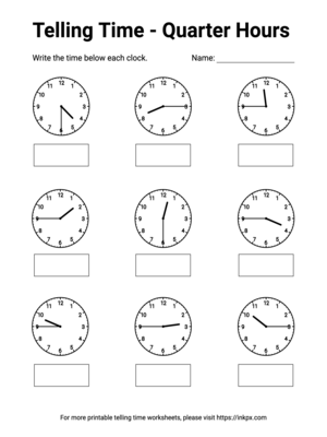 Free Printable Quarter Hours Telling Time Worksheet #5