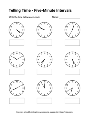 Free Printable Five-Minute Intervals Telling Time Worksheets #1