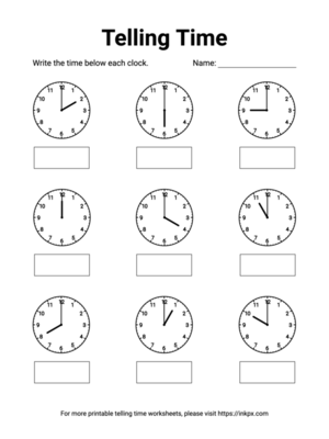 Free Printable Whole Hours Telling Time Worksheet #2