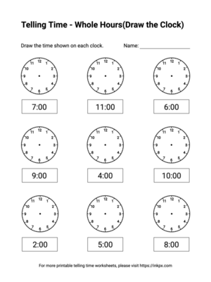 Free Printable Whole Hours(Draw the Clock) Telling Time Worksheets #3