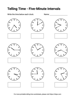Free Printable Five-Minute Intervals Telling Time Worksheets #3