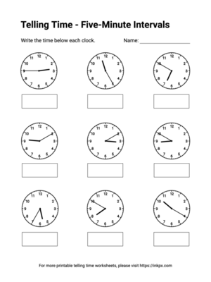 Free Printable Five-Minute Intervals Telling Time Worksheets #5