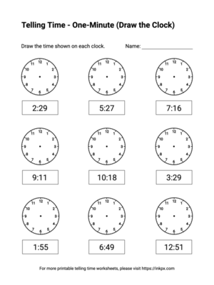 Free Printable One-Minute (Draw the Clock) Telling Time Worksheets #8