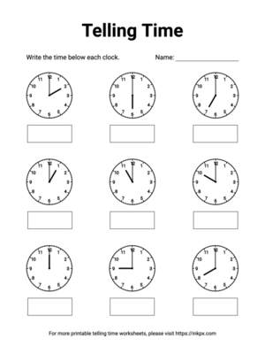 Free Printable Whole Hours Telling Time Worksheet #5