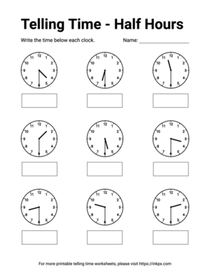 Free Printable Half Hours Telling Time Worksheet #3