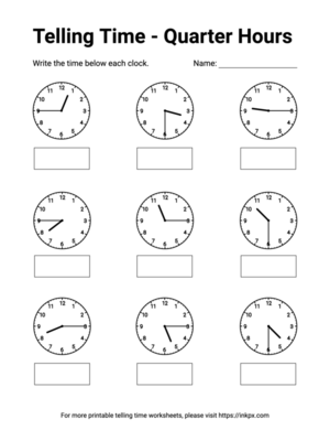 Free Printable Quarter Hours Telling Time Worksheet #3
