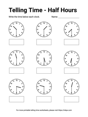 Free Printable Half Hours Telling Time Worksheet #5