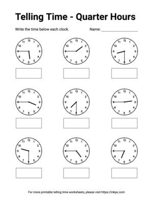 Free Printable Quarter Hours Telling Time Worksheet #4