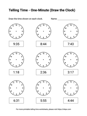 Free Printable One-Minute (Draw the Clock) Telling Time Worksheets #2
