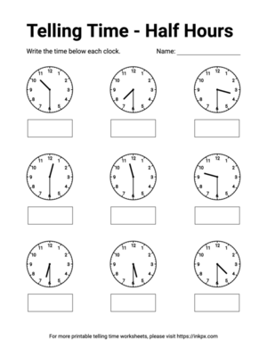Free Printable Half Hours Telling Time Worksheet #2
