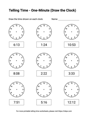 Free Printable One-Minute (Draw the Clock) Telling Time Worksheets #1