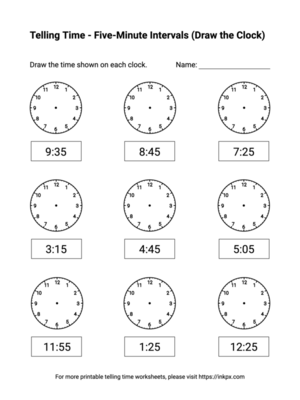 Free Printable Five-Minute Intervals (Draw the Clock) Telling Time Worksheets #2